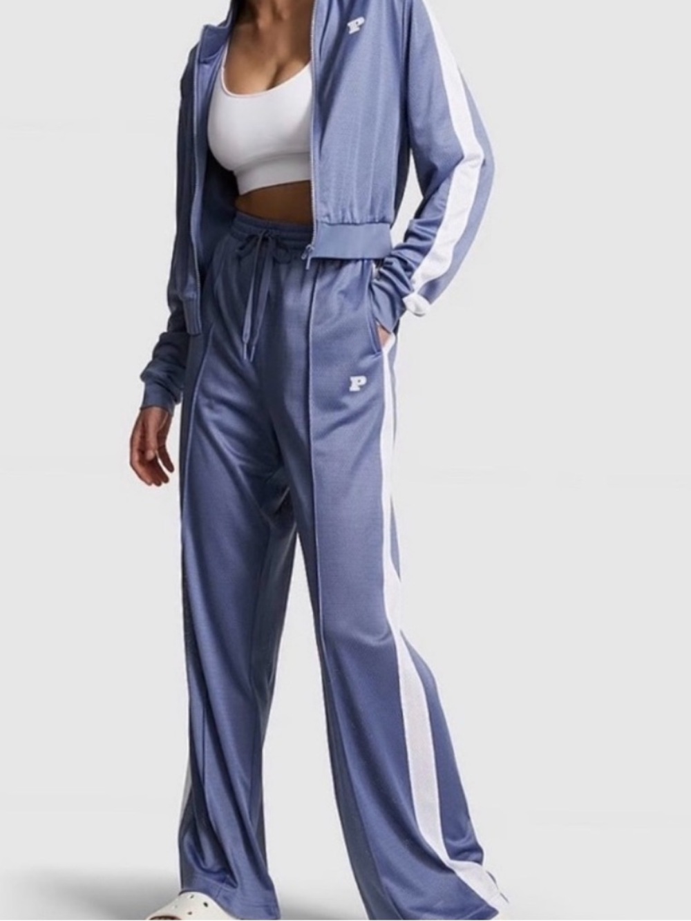 VS Pink Sporty Track Suit Wide Leg Bottom Pants in Dusty Iris Blue Mesh L set